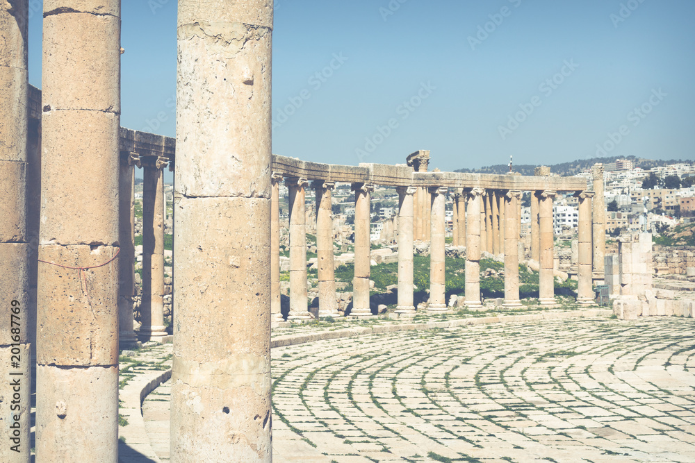 Fototapeta premium The Oval Forum and Cardo Maximus in Roman city of Gerasa near Jerash (Pompeii of the East. The city of 1000 columns). Northern Jordan