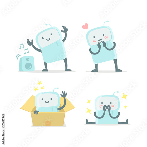 Emoji sticker set Icon. Baby robot toy cute small new robot surprised and shy. Very cute for child toy. Flat color vector illustration