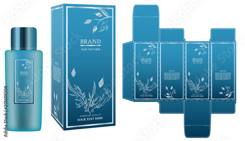 Packaging design, label on blue cosmetic container with luxury box design template and mockup box. Illustration vector.	