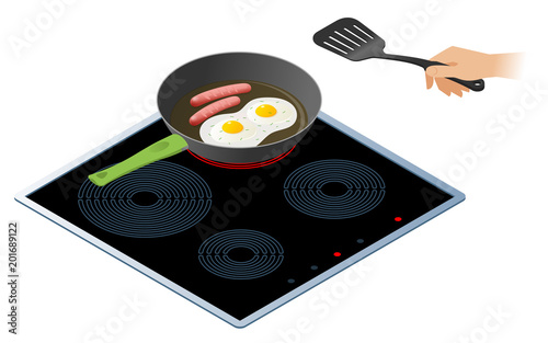 Flat isometric illustration of kitchen electric stove, frying pan with sausages and the scrambled eggs. The fried omelette with pork sausages, a hand with spatula. Vector isolated on white background.