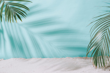 Summer concept. Palm tree shadow on a blue  background.
