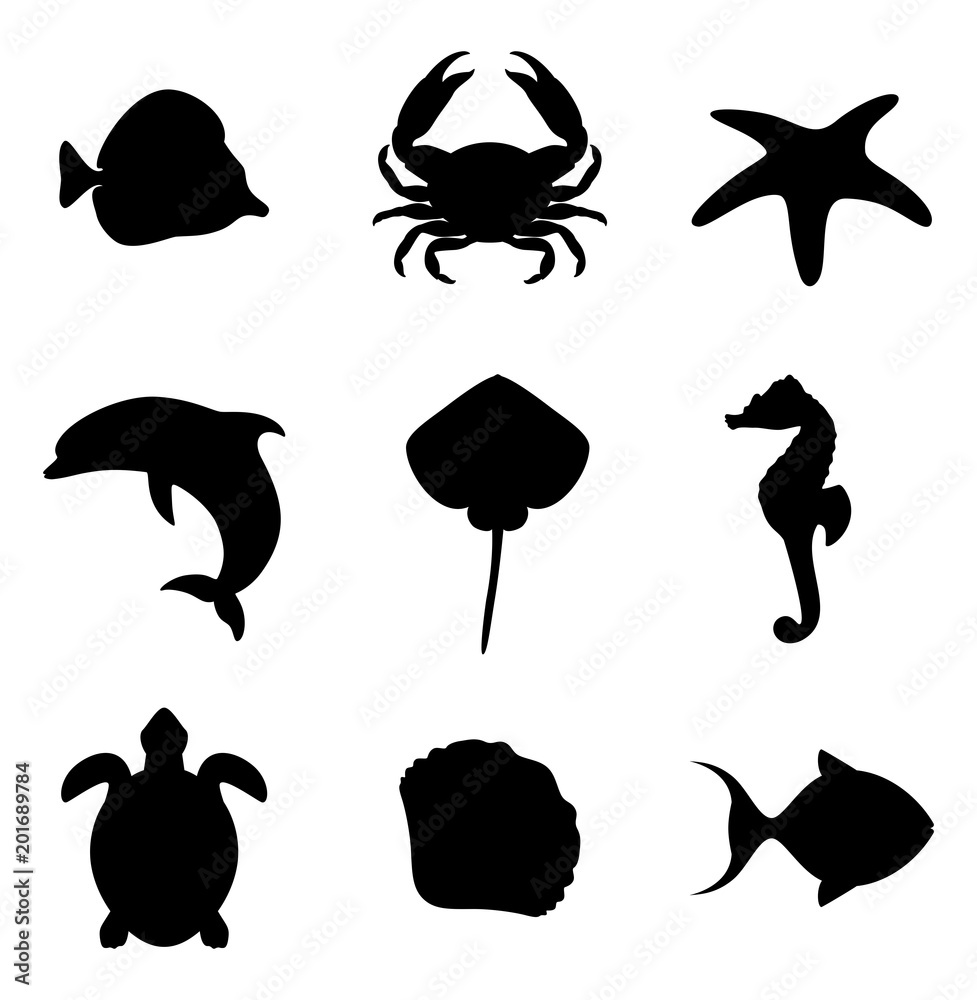 Inhabitants of the ocean. Marine life icons set. Sea life set of silhouettes. Vector illustration. Inhabitants of the ocean. Marine life icons set. Sea life set of silhouettes. Vector illustration.