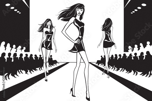 Fashion models at catwalk on review - vector illustration