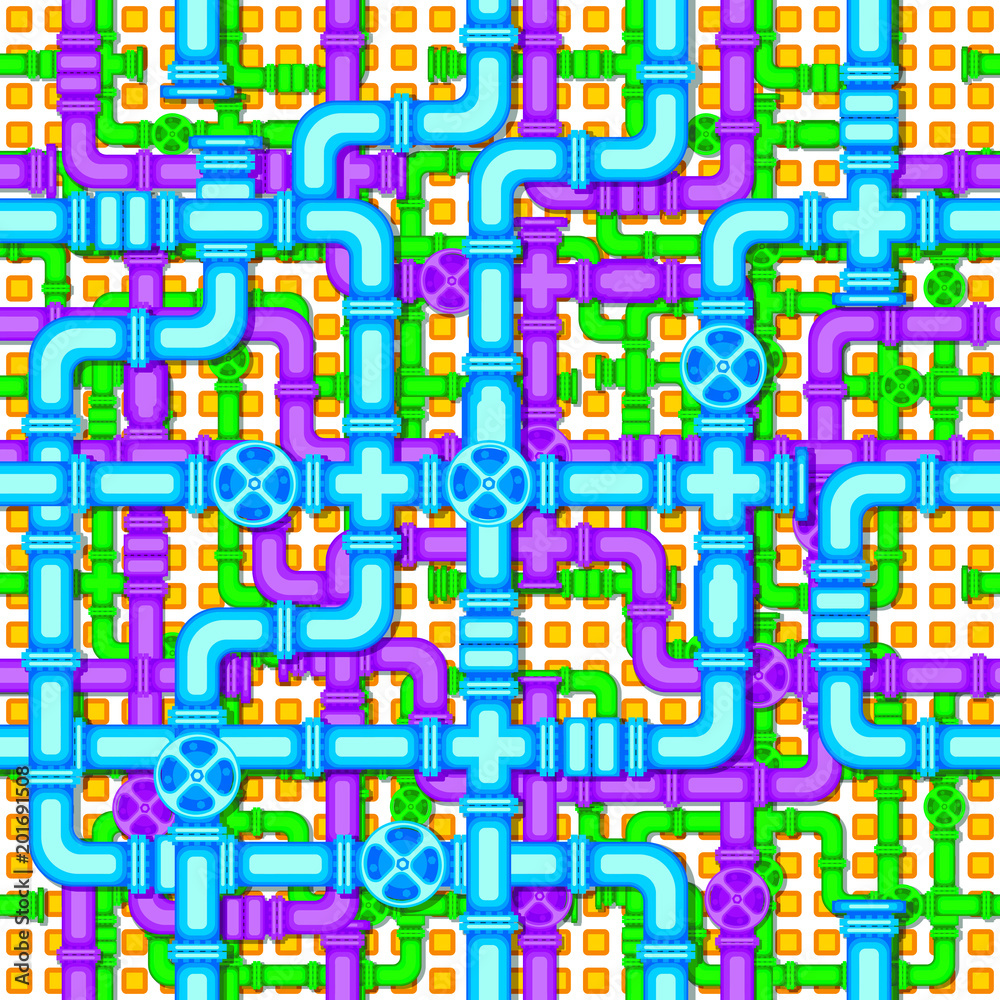 Seamless pattern with the image of valves, and interlacing of pipes, for use as a background and other purposes. Seamless pattern with the image of valves, and interlacing of pipes, for use as a background and other purposes.