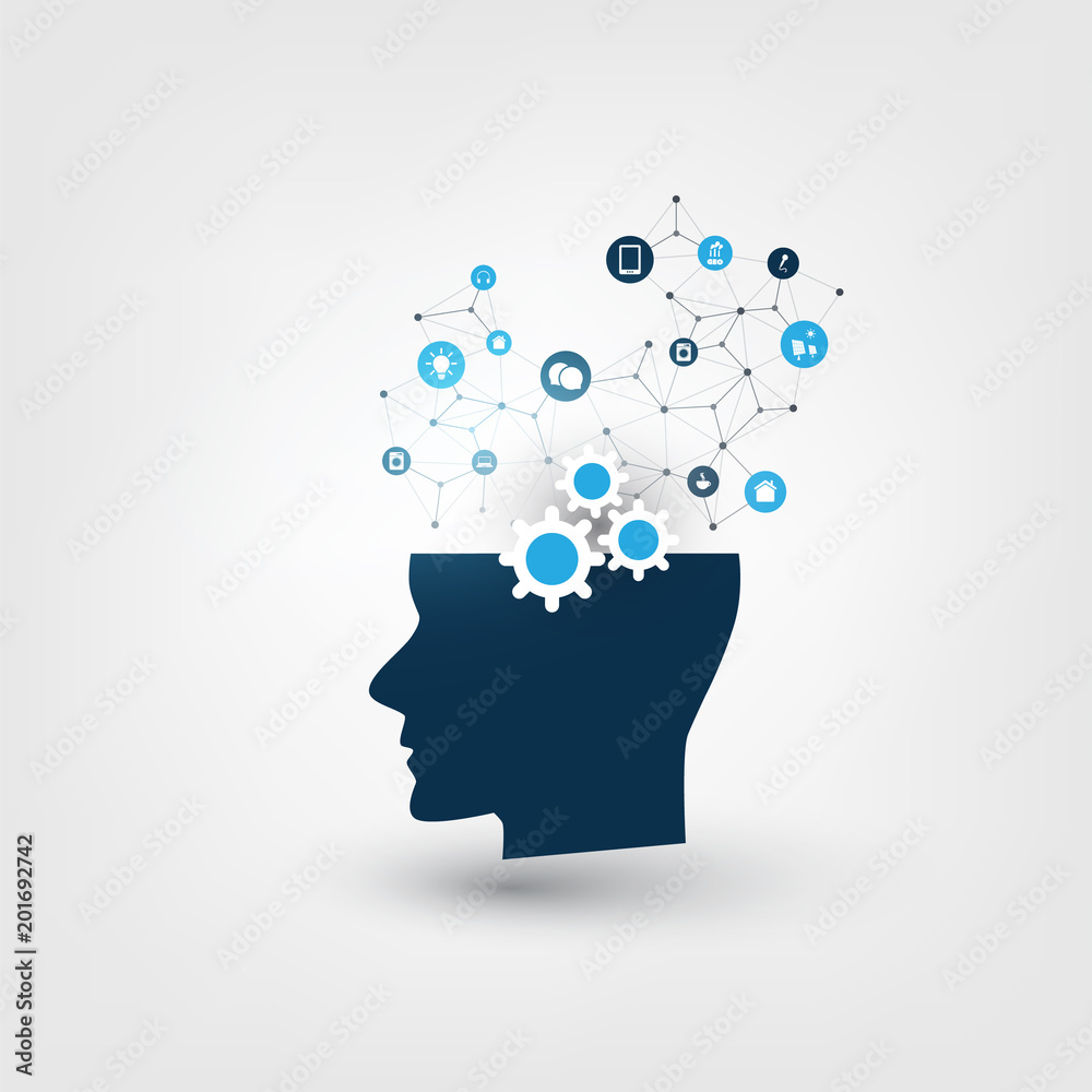 Abstract Machine and Deep Learning, Artificial Intelligence, Cloud Computing and Networks Design Concept with Icons and Human Head Abstract Machine and Deep Learning, Artificial Intelligence, Cloud Computing and Networks Design Concept with Icons and Human Head