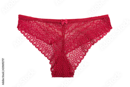 Red lace female panties. Isolate on white