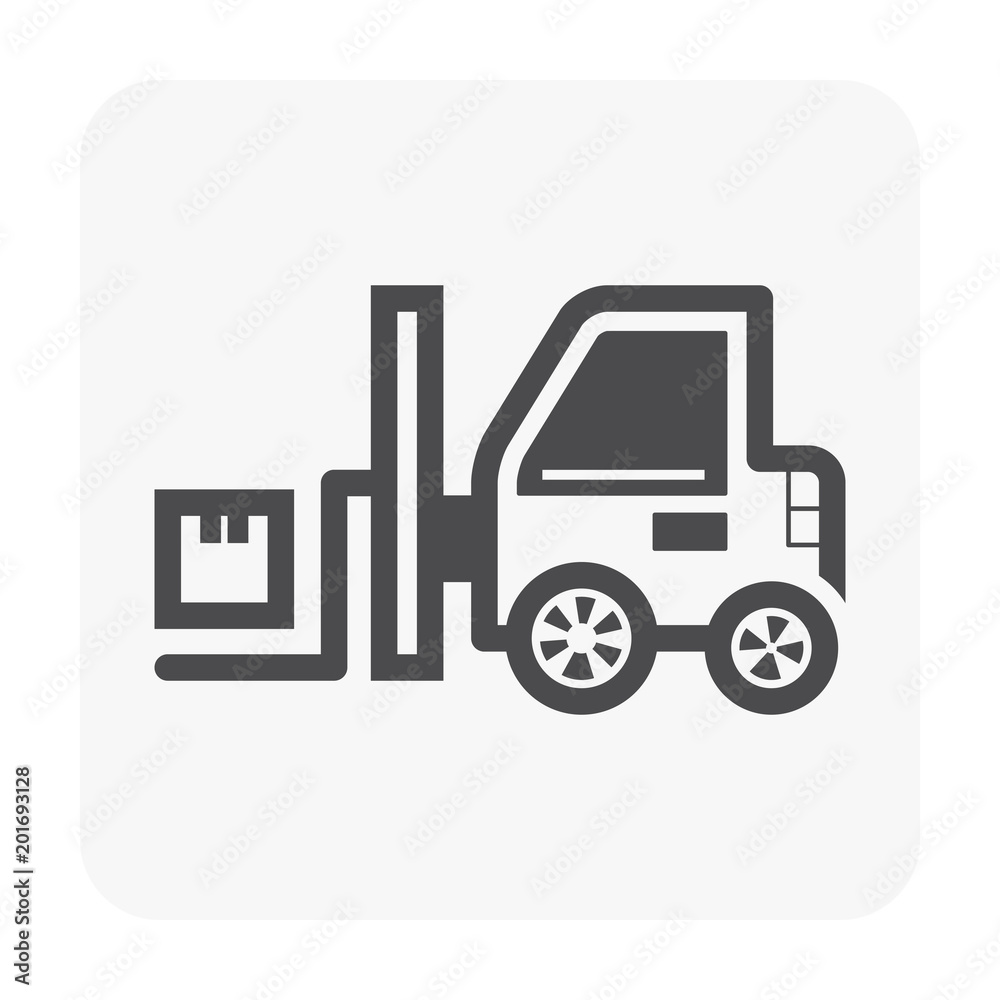 Forklift vector icon. May called fork truck or lift truck. Elevator machine equipment or vehicle for heavy industrial work at storage, port, warehouse and factory by lift up, raise and delivery cargo. Forklift vector icon. May called fork truck or lift truck. Elevator machine equipment or vehicle for heavy industrial work at storage, port, warehouse and factory by lift up, raise and delivery cargo.