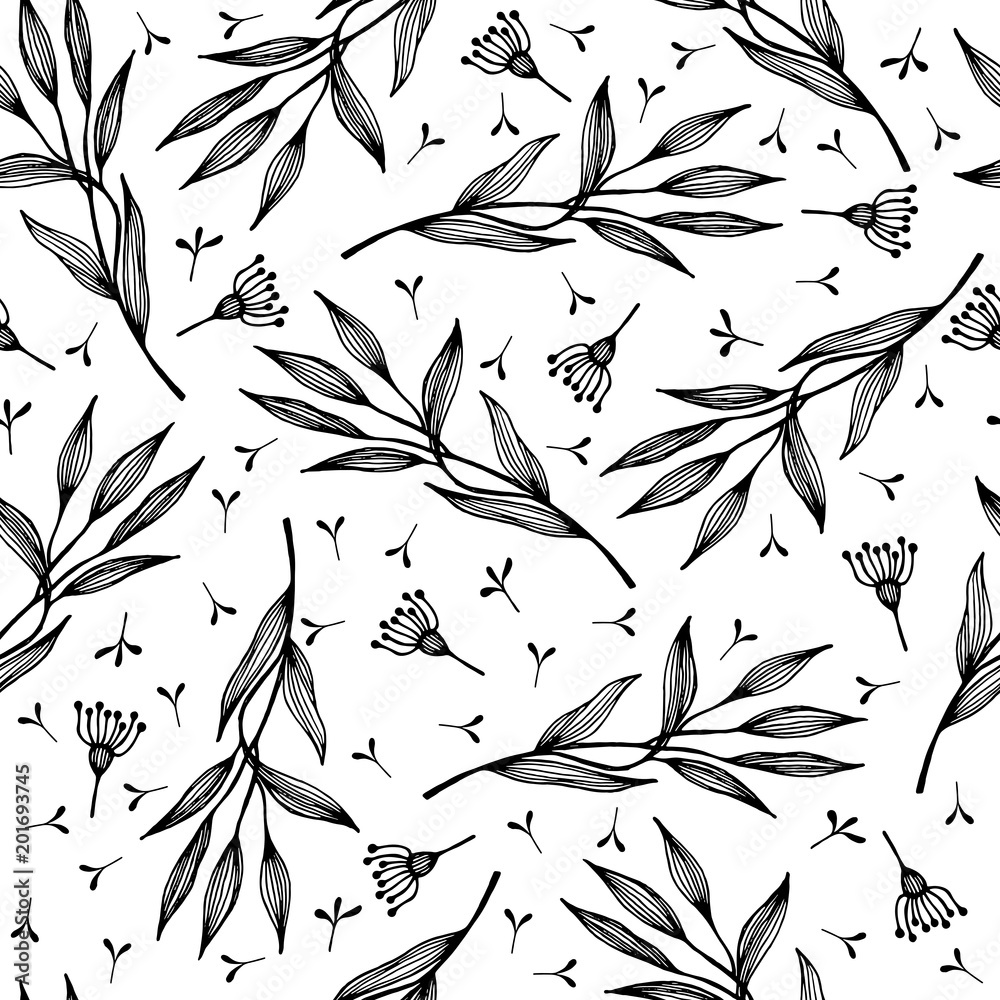 Fototapeta premium Branch with leaves and dandelion. Seamless pattern.