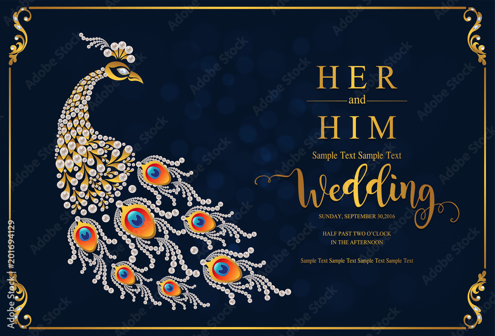 Wedding Invitation card templates with gold Peacock feathers patterned and crystals on paper color Background.