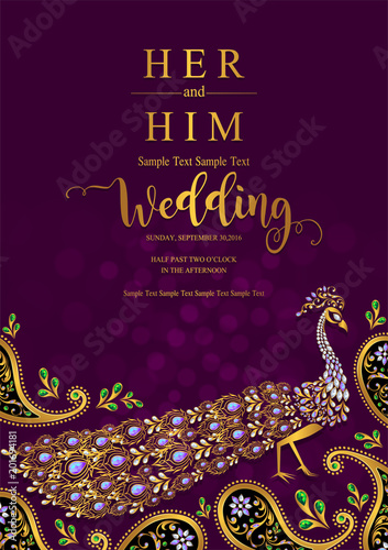 Wedding Invitation card templates with gold Peacock feathers patterned and crystals on paper color Background.