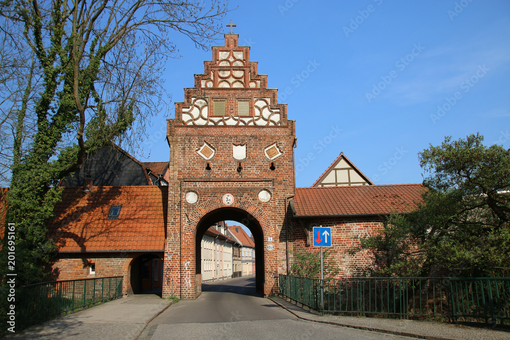 Salzwedel, Germany - April 20, 2018: View of the stone gate of the Hanseatic city of Salzwedel, the youngest gate of the Hanseatic city in the Altmark, Germany, built in 1530.