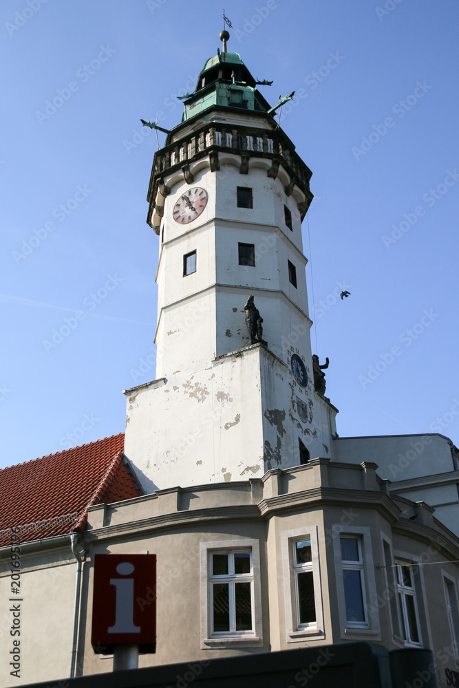 Salzwedel, Germany - April 20, 2018:: View of the tower of the Black Eagle (Schwarzer Adler) in the Hanseatic city Salzwedel, Germany.