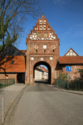 Salzwedel, Germany - April 20, 2018: View of the stone gate of the Hanseatic city of Salzwedel, the youngest gate of the Hanseatic city in the Altmark, Germany, built in 1530.