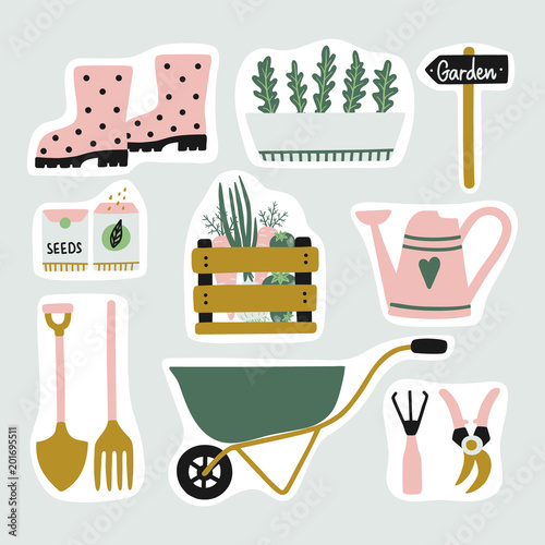Cute set of garden elements stickers. Gardening tools and plants. Vector clipart.