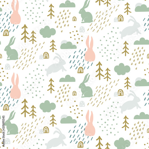 Fototapeta Bezszwowy dziecięcy wzór z śliczną królik sylwetką w lesie. Skandynawski styl dzieci tekstury do tkanin, pakowania, włókienniczych, tapety, odzieży. Ilustracji wektorowych