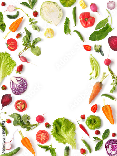 Fototapeta Naklejka Na Ścianę i Meble -  Various vegetables and fruits isolated on white background, top view, flat layout. Concept of healthy eating, food background. Frame of vegetables with space for text.
