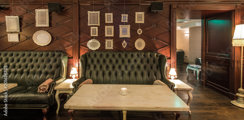 Luxury restaurant interior, classic style, leater sofa photo