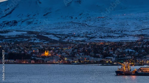 Timelapse of akureyri city in iceland during sunset