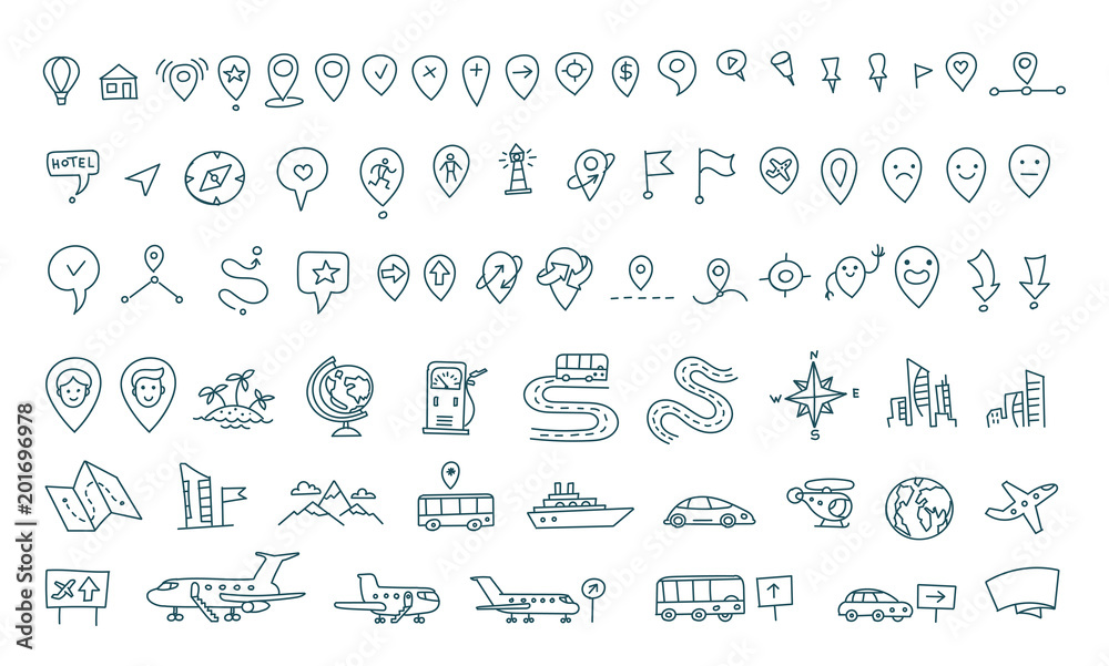 Hand draw map set elements. Transport tracking. Travel geography road icons sketch set outline line drawing. Collection set vector stock clipart illustration. Hand draw map set elements. Transport tracking. Travel geography road icons sketch set outline line drawing. Collection set vector stock clipart illustration.