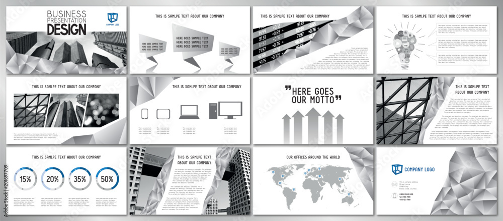 Fototapeta premium Business presentation template/ design - hd format - 1920x1080 px - fully adjustable vector design - replace text and photographs to create professional, good-looking business presentation. 