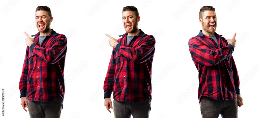 Young man pointing away side with finger isolated over white background, collage composition
