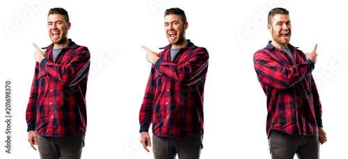 Young man pointing away side with finger isolated over white background, collage composition