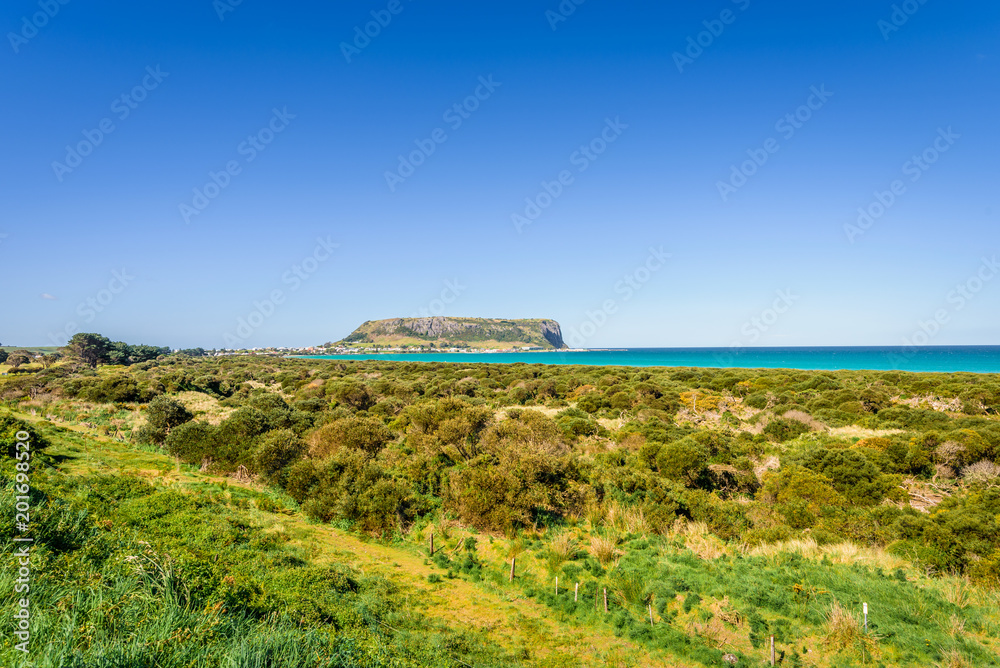 Stunning view point to big old volcanic rock mountain top called The Nut with blue turquoise water beach bay and green grass lands on warm sunny clear sky day, Stanley, North-West, Tasmania, Australia