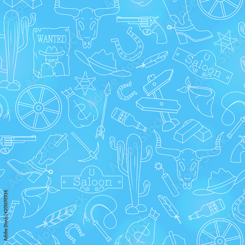 Seamless pattern on the theme of the wild West, contour icons, white contour on a blue background