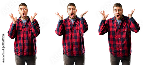 Young man happy and surprised cheering expressing wow gesture isolated over white background, collage composition