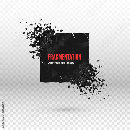 Shatter and destruction dark square effect. Abstract cloud of pieces and fragments after explosion. Vector illustration isolated on transparent background