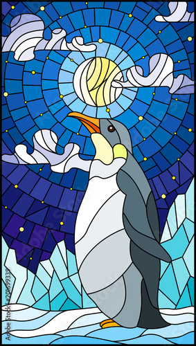 Illustration in stained glass style with a  penguin on a background of snow, starry sky,moon and clouds 