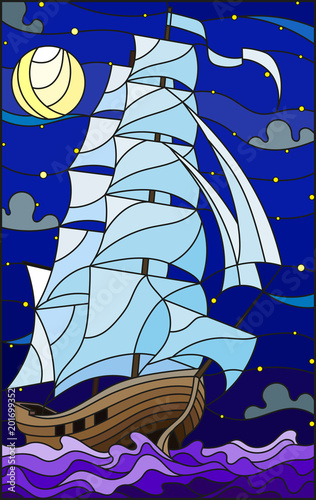 Illustration in stained glass style with an old ship sailing with white sails against the sea, moon and starry sky, seascape 