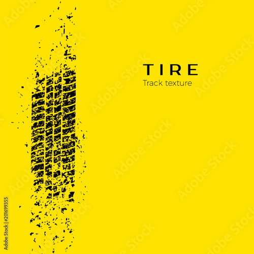 Dirt track from the car wheel protector. Tire track silhouette. Grunge tire track. Black tire track. Vector illustration isolated on yellow background