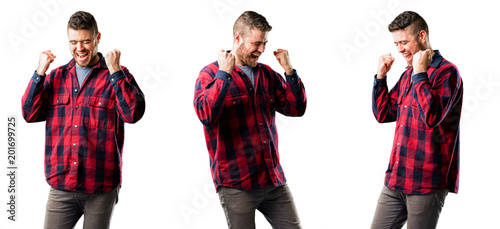 Young man happy and excited expressing winning gesture. Successful and celebrating victory, triumphant isolated over white background, collage composition