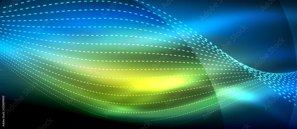 Glowing abstract wave on dark, shiny motion, magic space light. Techno abstract background Glowing abstract wave on dark, shiny motion, magic space light. Techno abstract background