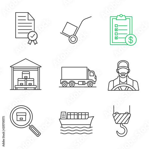 Cargo shipping linear icons set