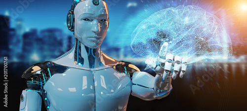 White man humanoid creating artificial intelligence 3D rendering