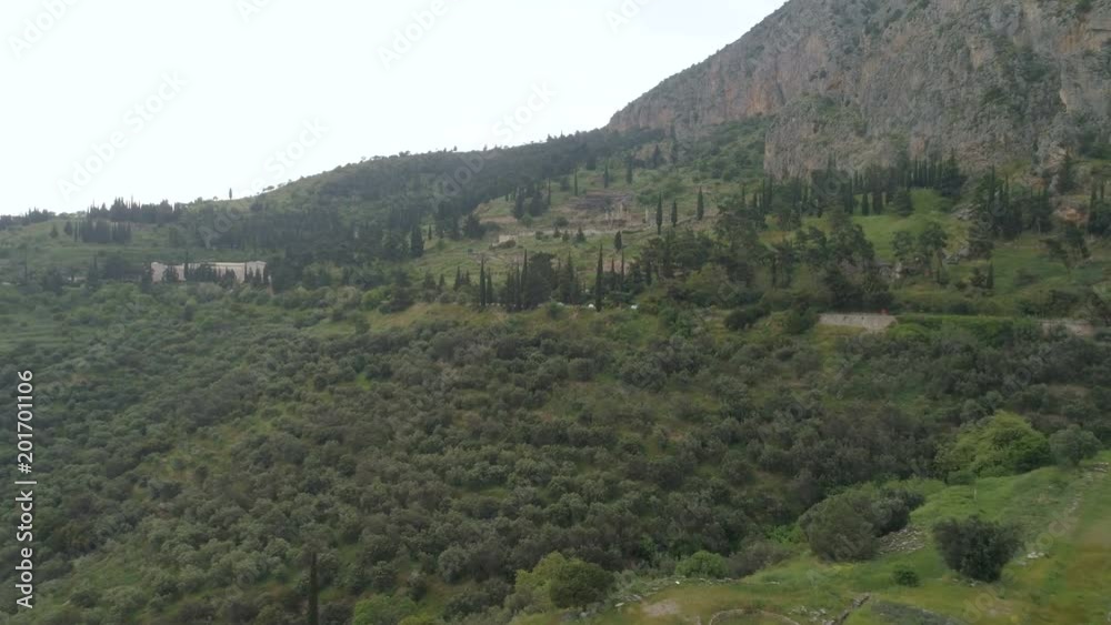 Aerial view of archaeological site of ancient Delphi, site of temple of Apollo and the Oracle, Greece Aerial view of archaeological site of ancient Delphi, site of temple of Apollo and the Oracle, Greece
