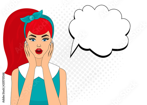 Pop art comic style surprised woman with speech bubble, pin up girl portrait, vector illustration.