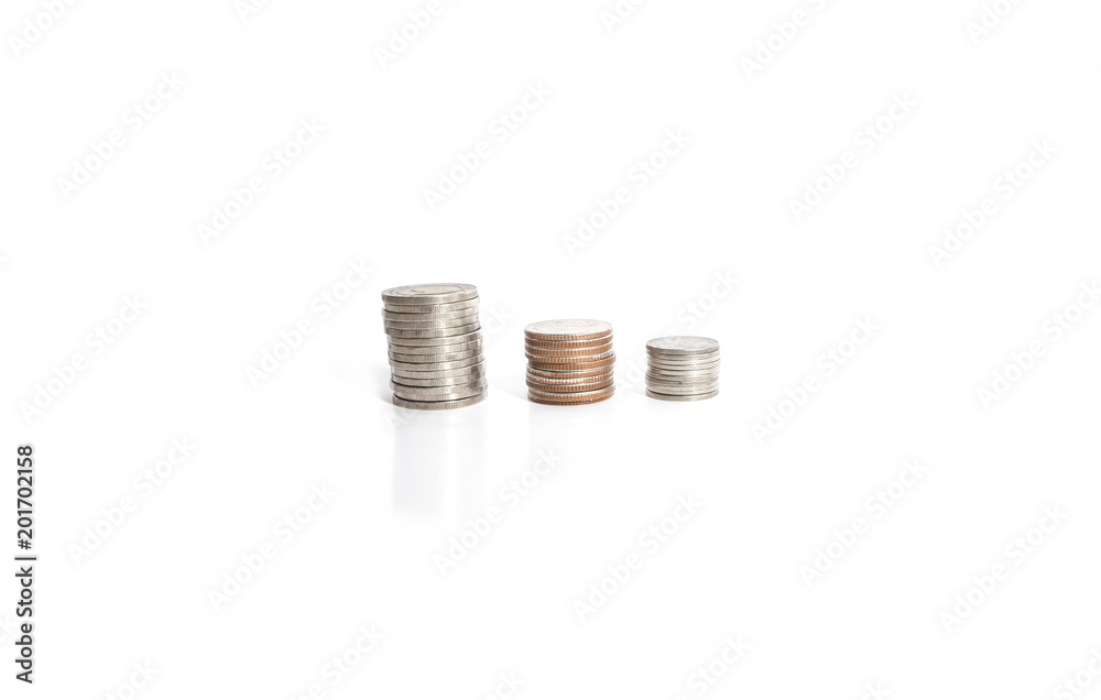 Silver coins stacked 3 piles. Savings silver coins On the white backdrop concept idea Silver coins stacked 3 piles. Savings silver coins On the white backdrop concept idea