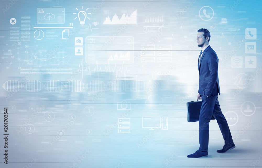 Handsome businessman walking in suit with briefcase on his hand and database concept around
Handsome businessman walking in suit with briefcase on his hand and database concept around
