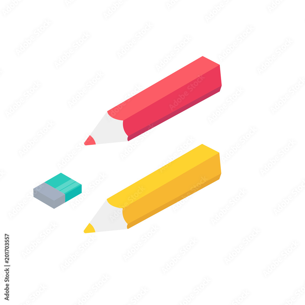 Isometric 3d school supplies set with pen, eraser. Isometric 3d school supplies set with pen, eraser.