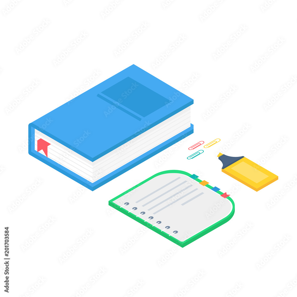 Isometric 3d school supplies set with book, notebook, pen, highlighter. Isometric 3d school supplies set with book, notebook, pen, highlighter.
