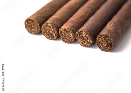 Close up Five Cigars on White Background Natural Light Selective Focus 