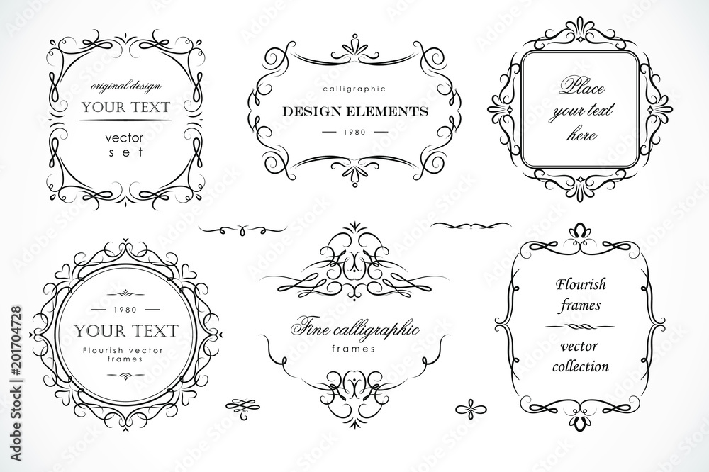 Set of flourish frames, borders, labels. Collection of original design elements. Vector calligraphy swirls, swashes, ornate motifs and scrolls. Set of flourish frames, borders, labels. Collection of original design elements. Vector calligraphy swirls, swashes, ornate motifs and scrolls.