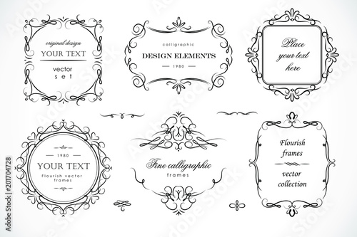 Set of flourish frames, borders, labels. Collection of original design elements. Vector calligraphy swirls, swashes, ornate motifs and scrolls. 