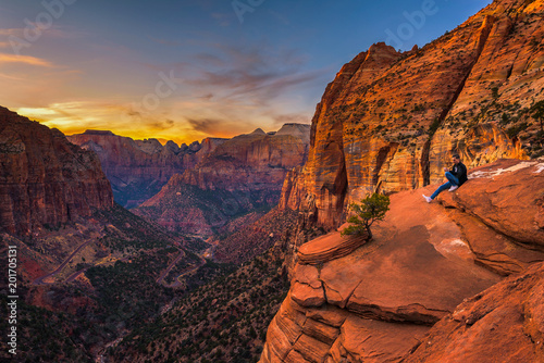 Tourist at the  Canyon Overlook in Zion National Park