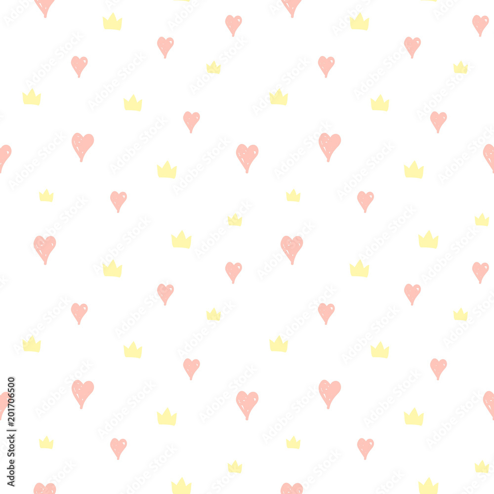 Hand drawn seamless pattern with doodle crowns. Cute baby and little princess design. Vector illustration.