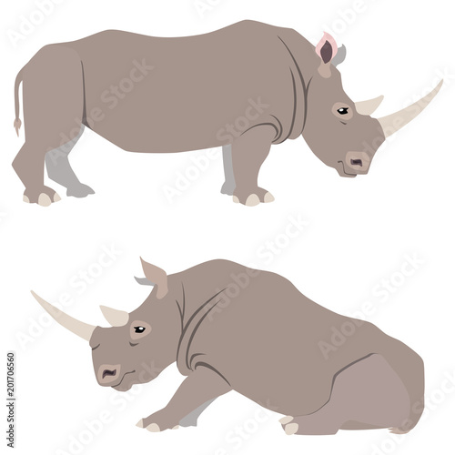 Vector illustration of standing and sitting rhinoceroses isolated on white background