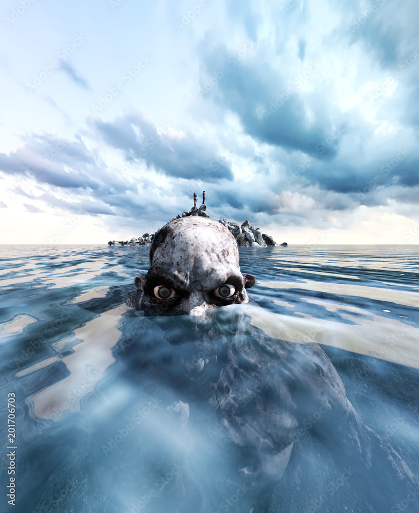 Fototapeta premium on the reef is the only place to survive,3d illustration of a person on the reef in the sea far a way with monster in water,3d art for book cover,book illustration
